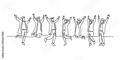 A line art illustration of a group of people jumping joyfully with their arms raised in celebration. Vector, illustration