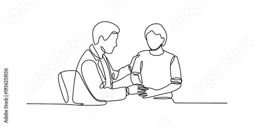 Continuous line art drawing of a doctor examining a patient's arm during a medical consultation Vector, illustration