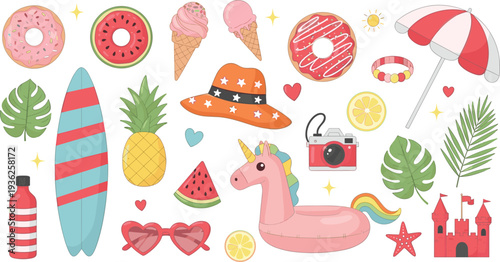 Tropical Summer Vacation and Beach Icon Set Featuring Surfboard Unicorn Float Sandcastle and Refreshing Seasonal Treats