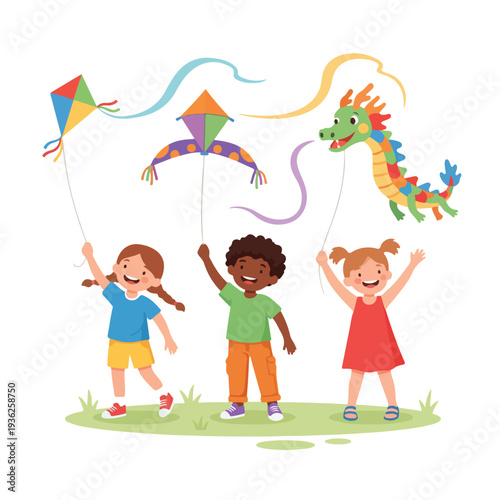 Three happy multi-ethnic children, two girls and one boy, joyfully fly colorful kites, including a unique dragon kite, on a sunny day in a grassy outdoor setting.