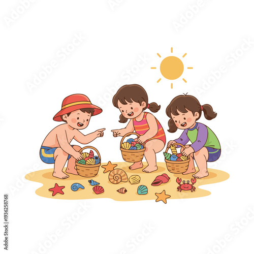 Three children are happily collecting colorful seashells and marine items into baskets on a sandy beach under the bright sun.