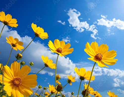 Wallpaper Mural Low-angle view of vibrant yellow blooms reaching towards a bright, azure sky dotted with fluffy white clouds, evoking summertime bliss Torontodigital.ca