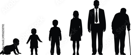 Human life stages silhouettes from infant to elderly, growth, aging, development, childhood, adulthood, generational progression, family, society, vector illustration