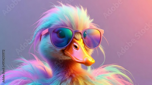 Vibrant rainbow duckling wearing purple sunglasses. Summer tropical concept and trendy animal fashion. Cute colorful bird posing against a soft pastel gradient background.