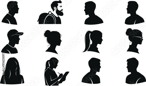 Human profile silhouettes collection featuring diverse hairstyles, accessories, headwear, side views, demographic variety, avatar design, vector illustration elements