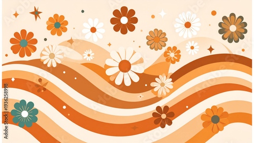 Retro 70s groovy flower power composition with wavy shapes and warm earthy tones, vintage style vector.