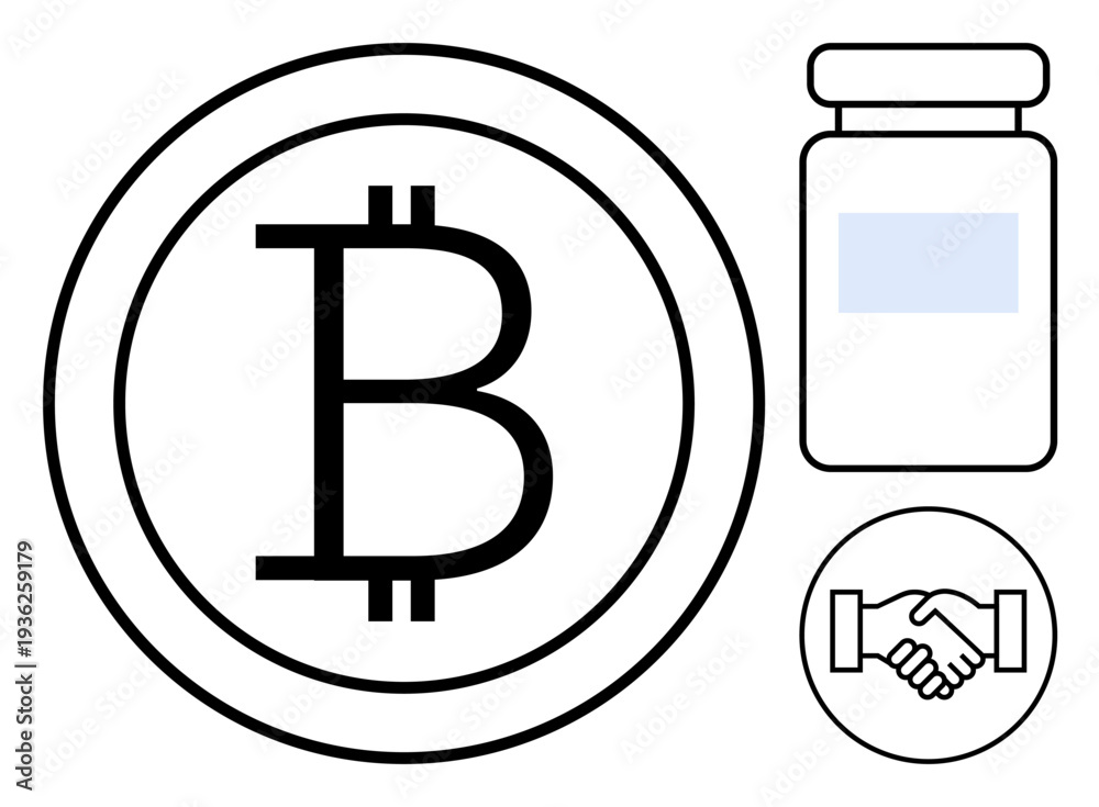Obraz premium Cryptocurrency concept. Cryptocurrency Bitcoin symbol paired with handshake and medicine bottle. Cryptocurrency for digital finance, blockchain, healthcare, trade. Suitable for finance, business