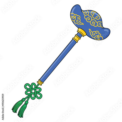 A blue ceremonial scepter with gold cloud patterns and green tassels, symbolizing good fortune and power in East Asian culture.