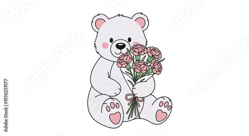 Adorable White Bear Cub with Bouquet of Pink Carnations