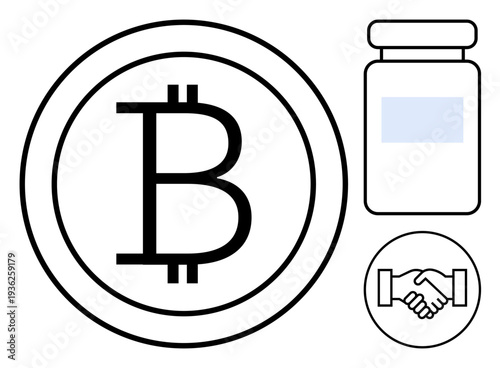 Cryptocurrency concept. Cryptocurrency Bitcoin symbol paired with handshake and medicine bottle. Cryptocurrency for digital finance, blockchain, healthcare, trade. Suitable for finance, business