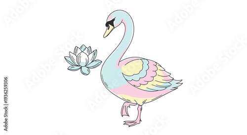 Pastel flamingo with lotus flower in whimsical garden scene