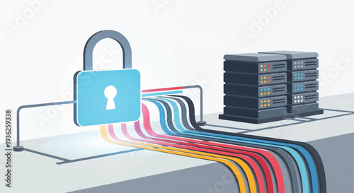 Digital data security concept with a padlock protecting colorful data streams flowing into servers
