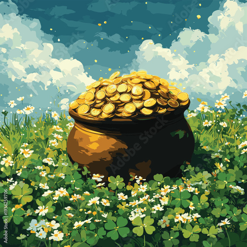 Treasured pot overflowing with gold coins amidst vibrant green clovers in a lush, magical landscape filled with sparkling charm and wonder , vector style simple color