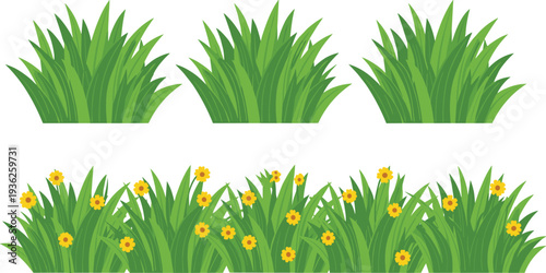 Green Grass and Yellow Wildflower Patch Set Featuring Lush Decorative Tufts and Floral Garden Borders