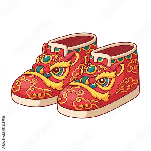 A pair of vibrant red Chinese lion dance shoes, intricately designed with golden and blue accents, symbolizing good fortune and celebration.