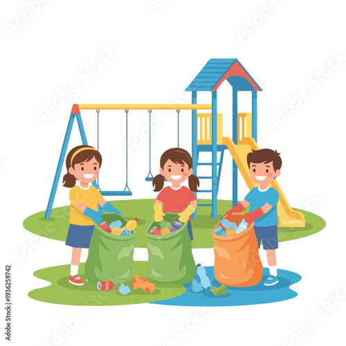 Three smiling children with gloves are diligently cleaning a playground, collecting plastic bottles and cans into separate green and orange garbage bags.