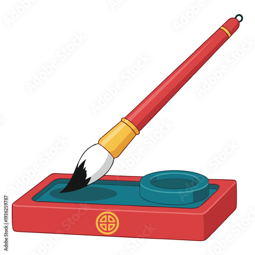 A traditional Chinese calligraphy brush dipped in ink within a red inkstone holder with a circular well.