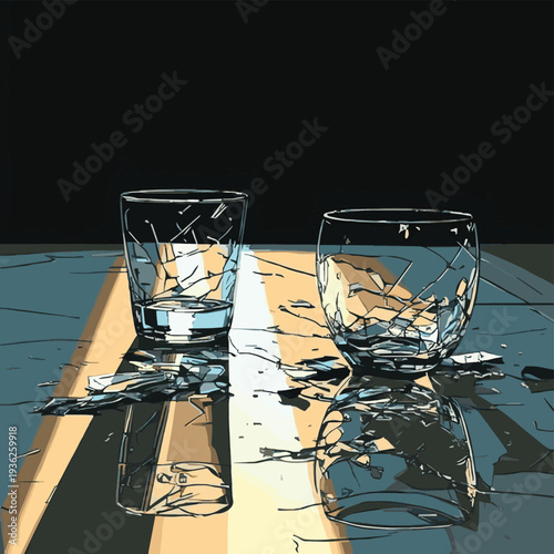 Broken glasses resting on a table with sunlight illuminating cracks and reflections in a dimly lit room during the afternoon , vector style simple color