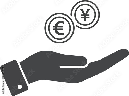 Hand Holding Euro and Yen Coins Icon – Currency Exchange and International Finance Concept