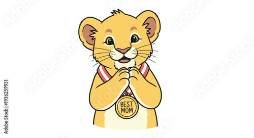 Cute Lion Cub Mascot with Best Mom Medal