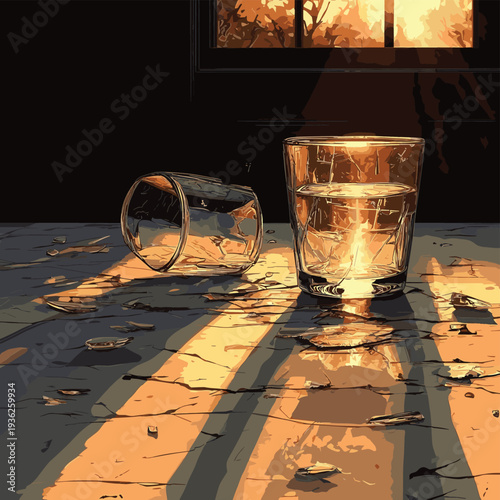 Broken glasses resting on a table with sunlight illuminating cracks and reflections in a dimly lit room during the afternoon , vector style simple color