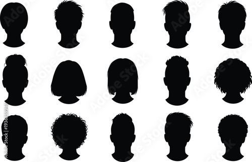 Diverse human head silhouettes with unique hairstyles, black vector profiles, modern haircut collection, hairstyle diversity illustration, fashion design elements