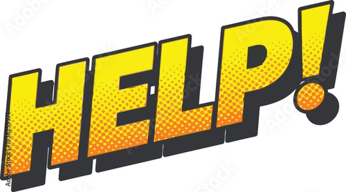 Comic Style Help Text Illustration with Bold Yellow Gradient and Halftone Effect for Emergency or Support Concepts
