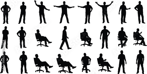 Human silhouette collection featuring standing, sitting, walking, pointing, casual stances, gesture variety, posture design, vector illustration elements