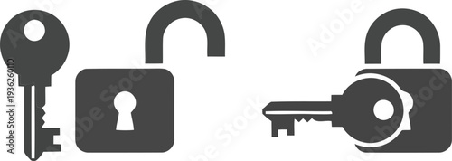 Vector Icons of Key and Lock in Flat Minimalist Style for Security and Access Concepts
