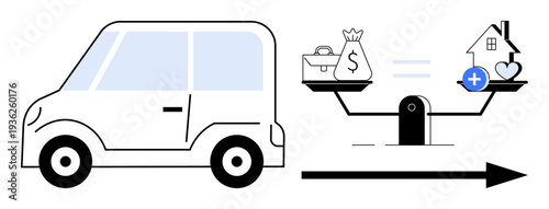 Financial trade-off concept. Balancing car ownership costs with lifestyle priorities thumbs up housing and savings. Financial trade-off illustrated for budgeting, decision-making, and investments