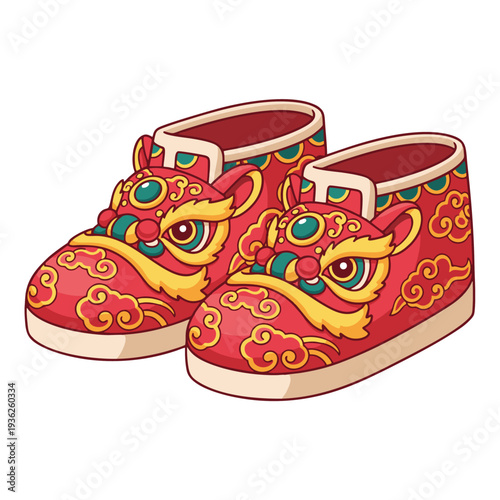 A pair of vibrant red traditional Chinese lion dance shoes adorned with intricate golden and green dragon motifs, symbolizing good fortune and prosperity.