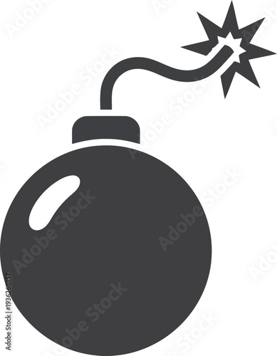 Black bomb icon with lit fuse isolated on white background, flat vector illustration for danger and warning concepts