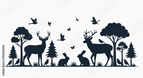 Wild deer and wildlife illustration in forest landscape silhouette