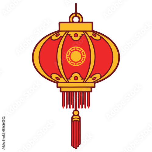 A vibrant red and gold traditional Chinese lantern with decorative patterns and tassels, vector illustration.