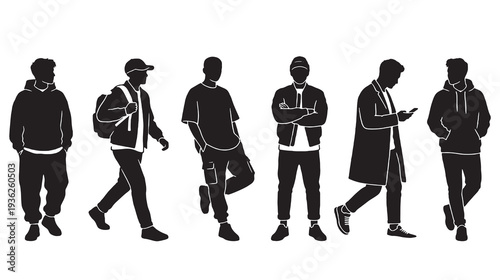 Photos Collection of diverse male silhouettes in casual urban fashion, showcasing different poses and styles