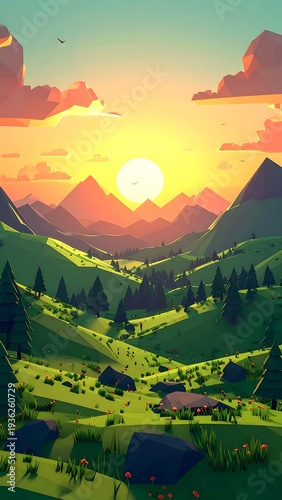 Wallpaper Mural Low-poly landscape depicts a vibrant sunset over rolling green hills and distant mountains, with scattered trees and colorful sky Torontodigital.ca