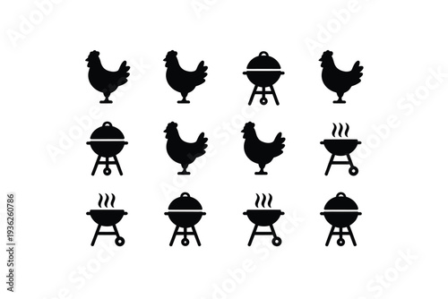 Collection of simple chicken and grill icons, perfect for food and barbecue themes.