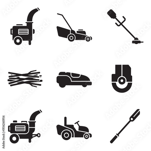 Collection of garden maintenance tools and equipment icons, including lawnmowers, shredders, and trimmers.