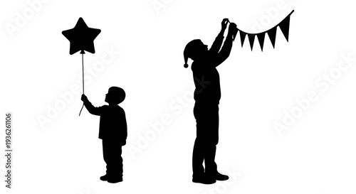 Children holding star-shaped kites and festive bunting on a sunny day Vector, illustration
