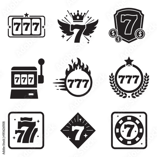Collection of lucky number seven icons and symbols related to gambling and casinos.