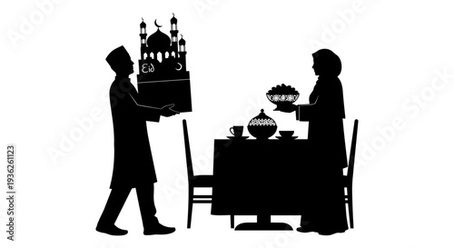 A server carrying a tray of items approaches a seated guest at a dining table Vector, illustration