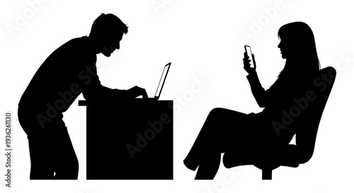 A man writing while a woman looks at her phone during what appears to be a meeting or study session Vector, illustration
