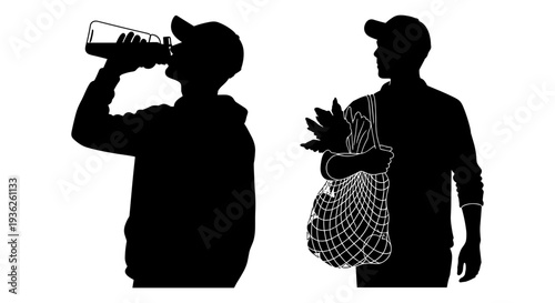 Two silhouettes enjoying a casual outdoor moment with drinks and groceries Vector, illustration