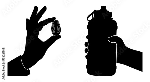 Hands holding a watch and a shaker bottle filled with liquid Vector, illustration