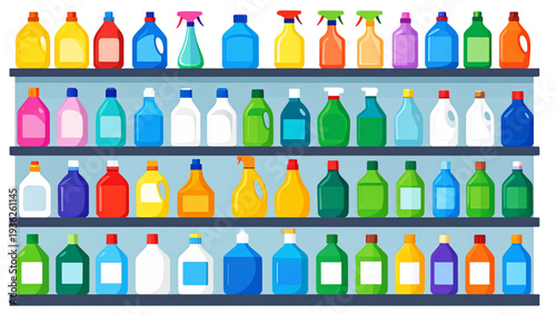 Colorful household cleaning products vector set with detergent bottles, spray containers, and supermarket shelf display illustration