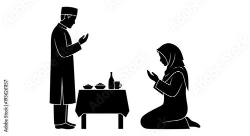 Traditional couple engaging in a ritualistic tea ceremony together. Vector, illustration