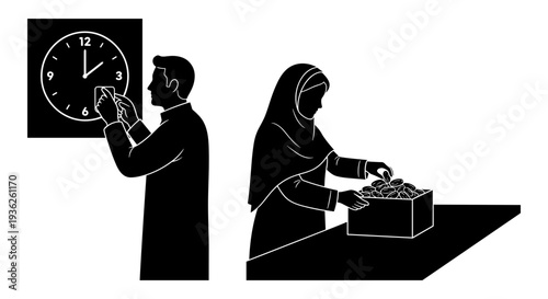 Two individuals preparing a meal while checking the time in a kitchen setting Vector, illustration