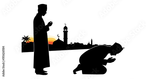A moment of prayer during sunset near an ancient monument and cityscape Vector, illustration