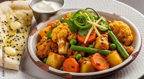 Hearty Indian vegetable curry served in a patterned bowl alongside a piece of buttered naan bread.