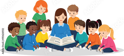 Diverse Group of Children Listening to Teacher Reading a Book in a Classroom Storytime Scene for Early Childhood Education
